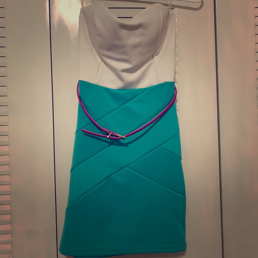 Cute teal and white mini dress with pink belt